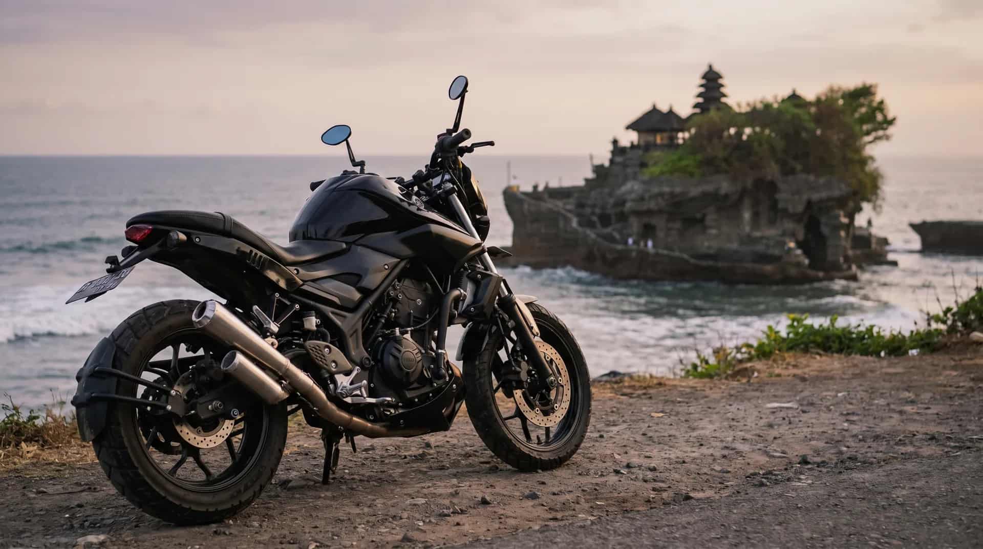 Yamaha MT-25 scrambler at sunset near Tanah Lot temple on the Bali coast