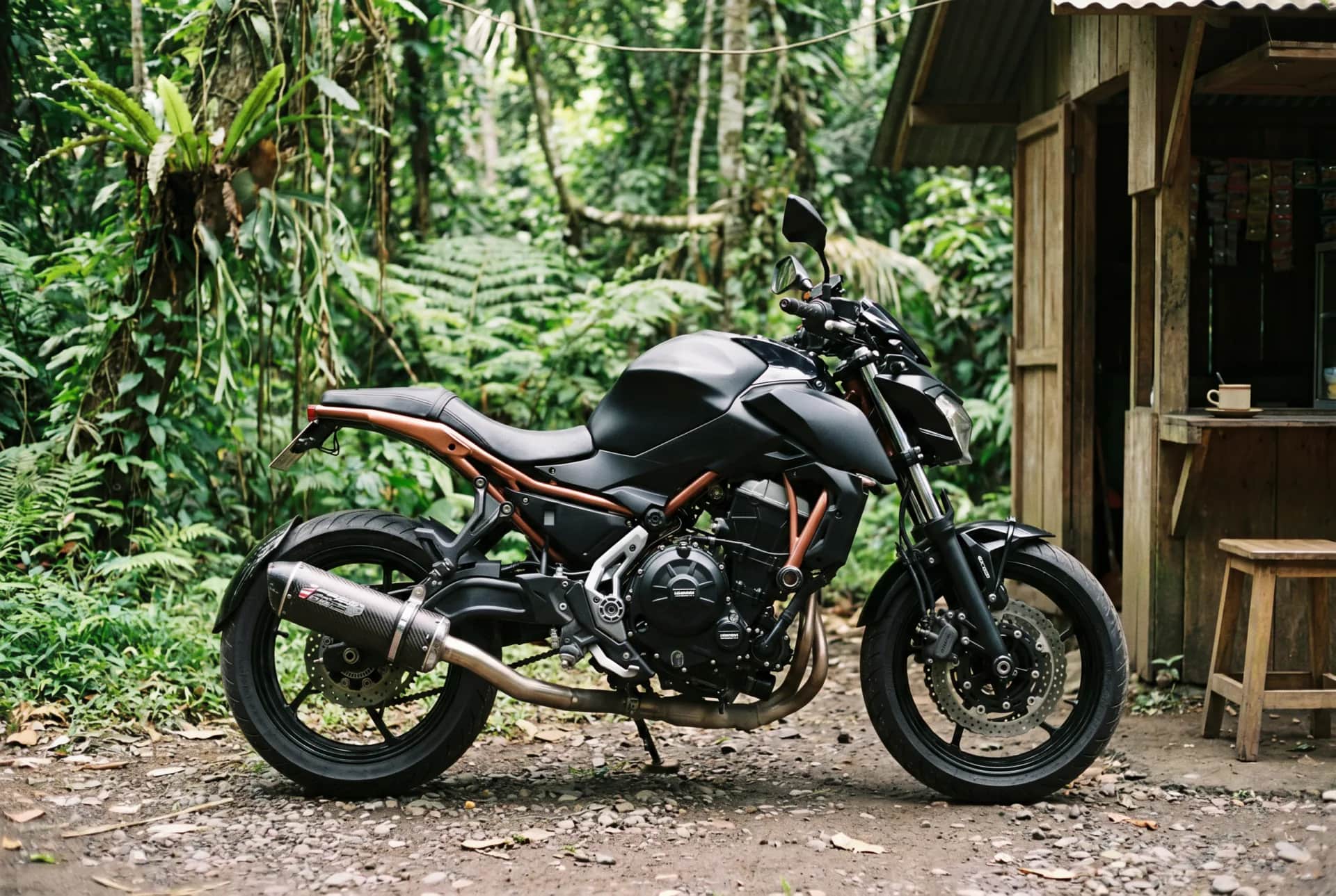 Kawasaki Z650 beside a wooden hut in the Bali jungle