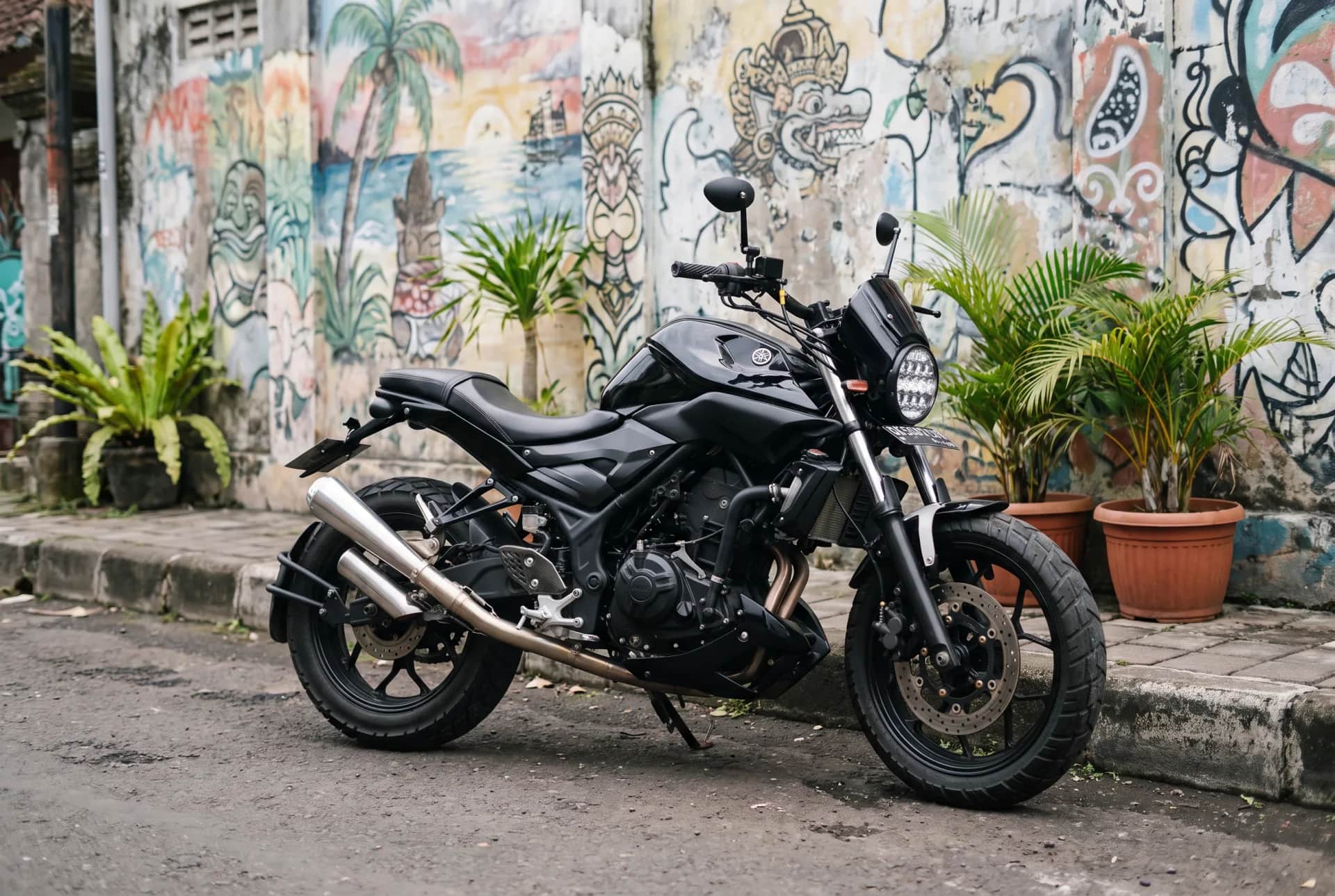 Yamaha MT-25 scrambler against a street-art wall in a Bali laneway