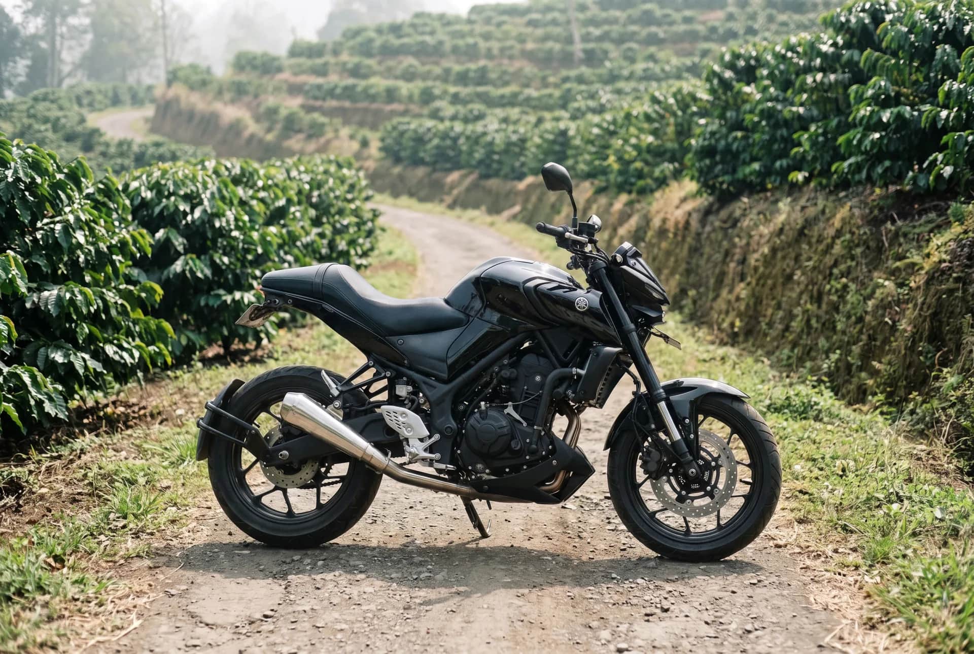 Yamaha MT-25 (2020) on a misty track through a Bali coffee plantation