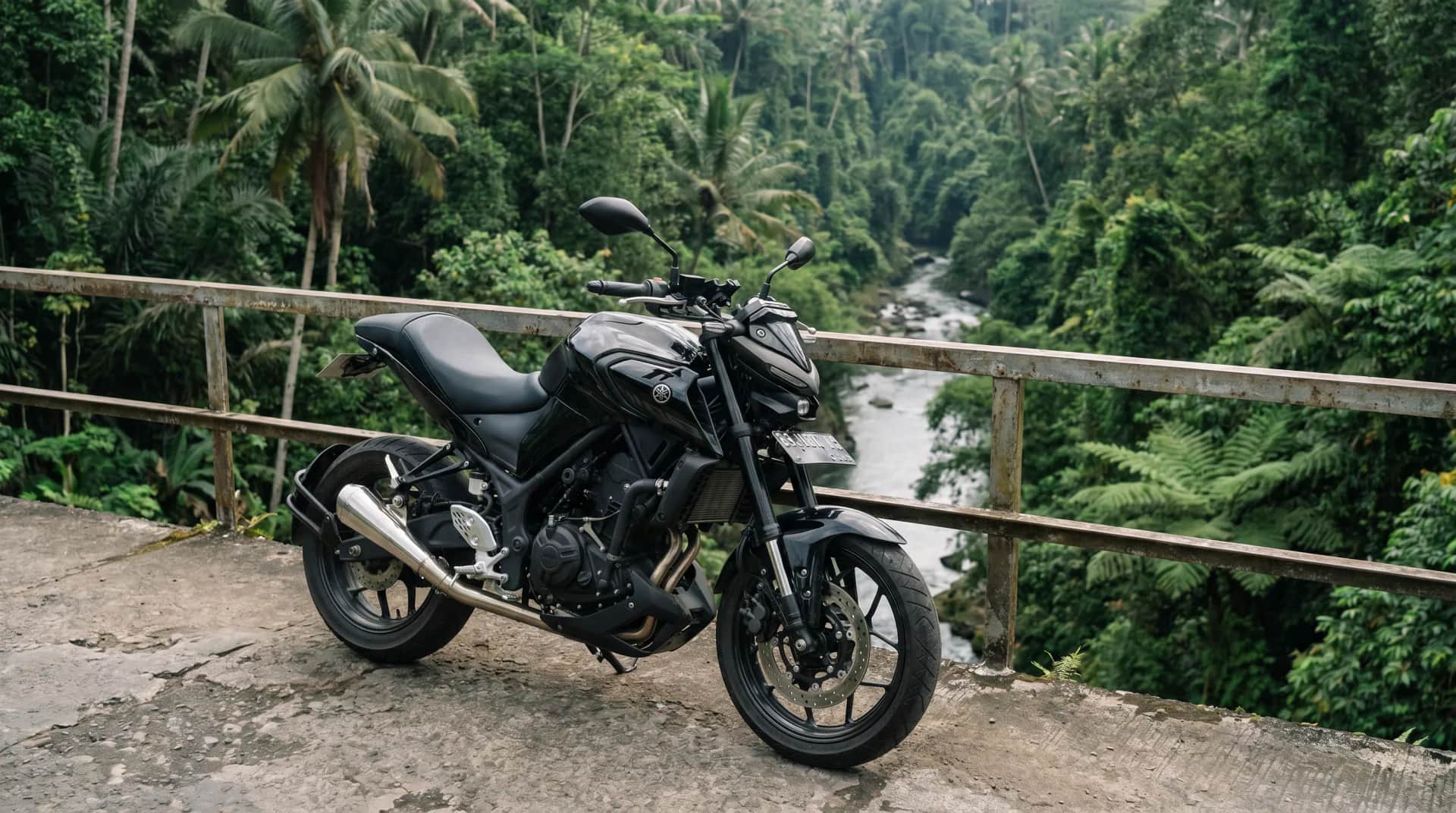 Yamaha MT-25 (2020) on a jungle bridge over a river near Ubud, Bali