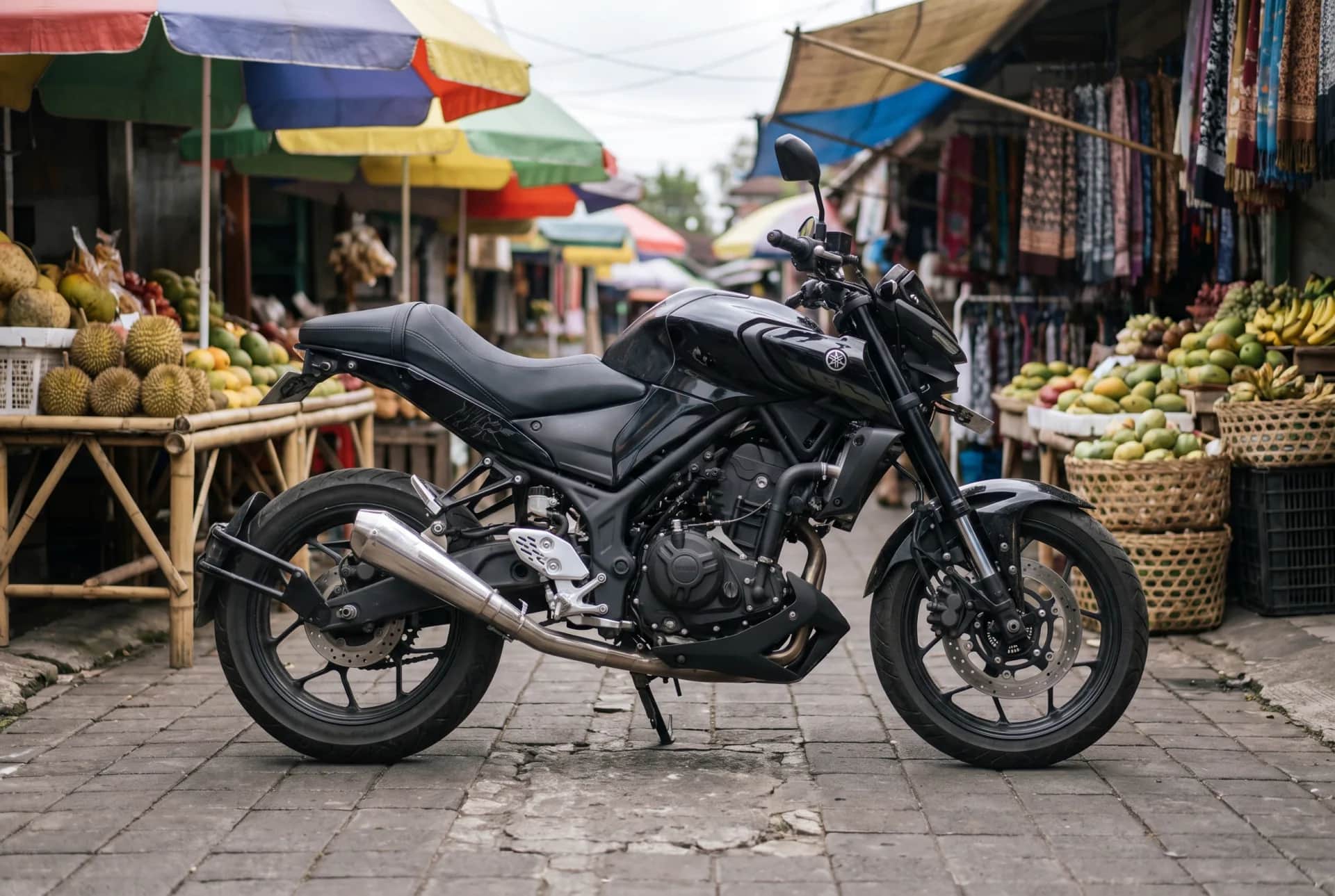 Yamaha MT-25 (2020) parked in a traditional Bali market among fruit stalls