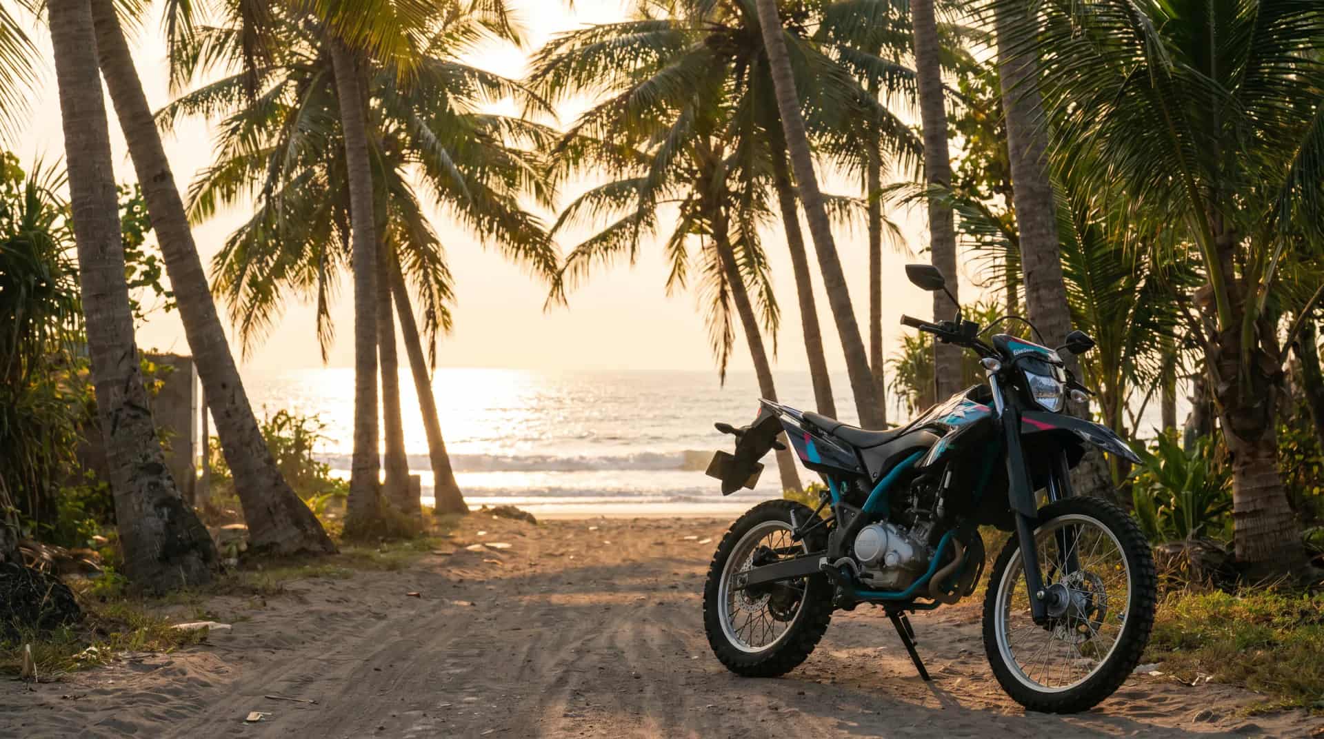 Yamaha WR155 enduro under coconut palms on a Bali beach at sunset